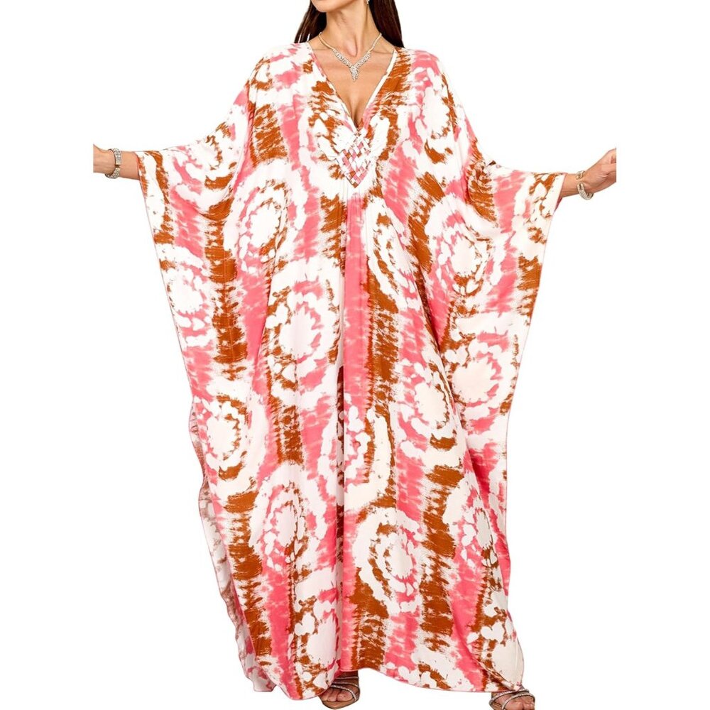Women's Pink Tie-die Floral V-Neck Batwing Sleeves Summer Cover Up Kaftan Dress